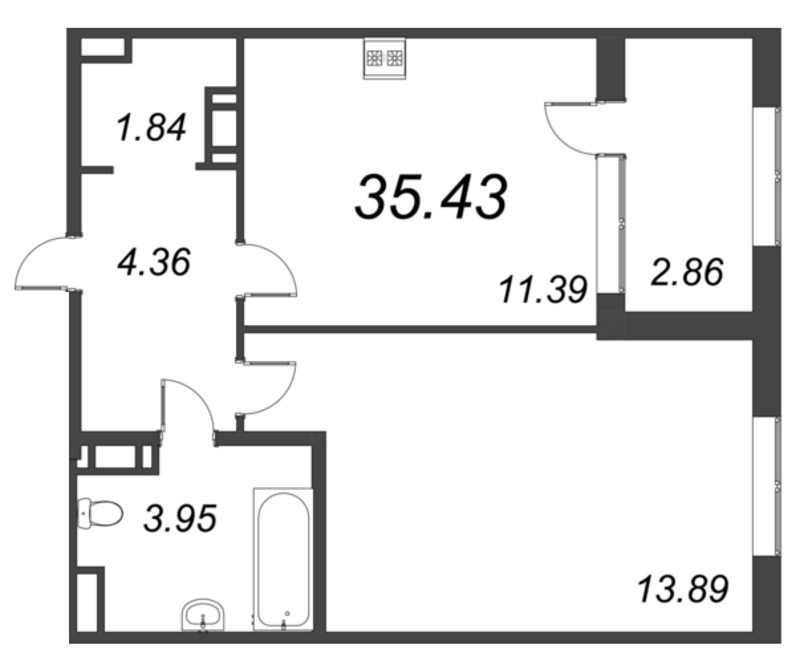 1-комнатная квартира, 35.43 м² в ЖК "Б15" - планировка, фото №1