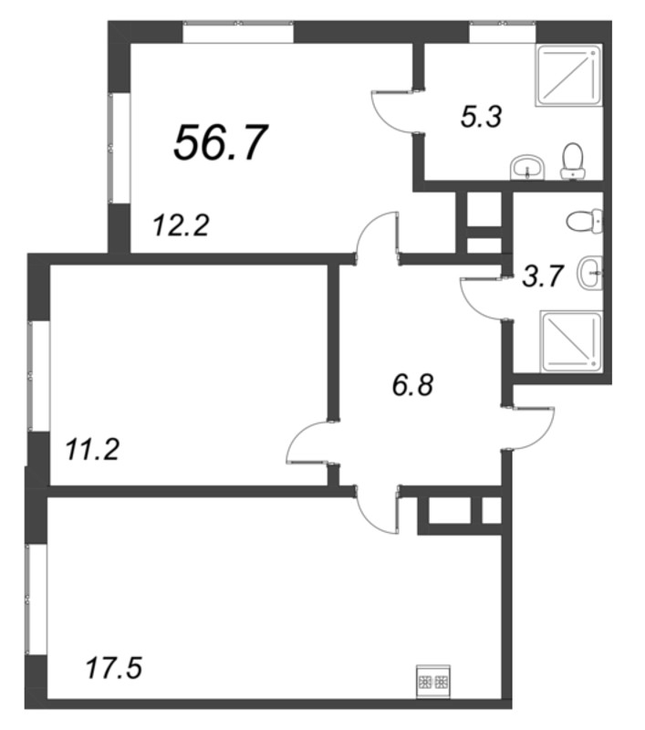 3-комнатная (Евро) квартира, 56.7 м² - планировка, фото №1