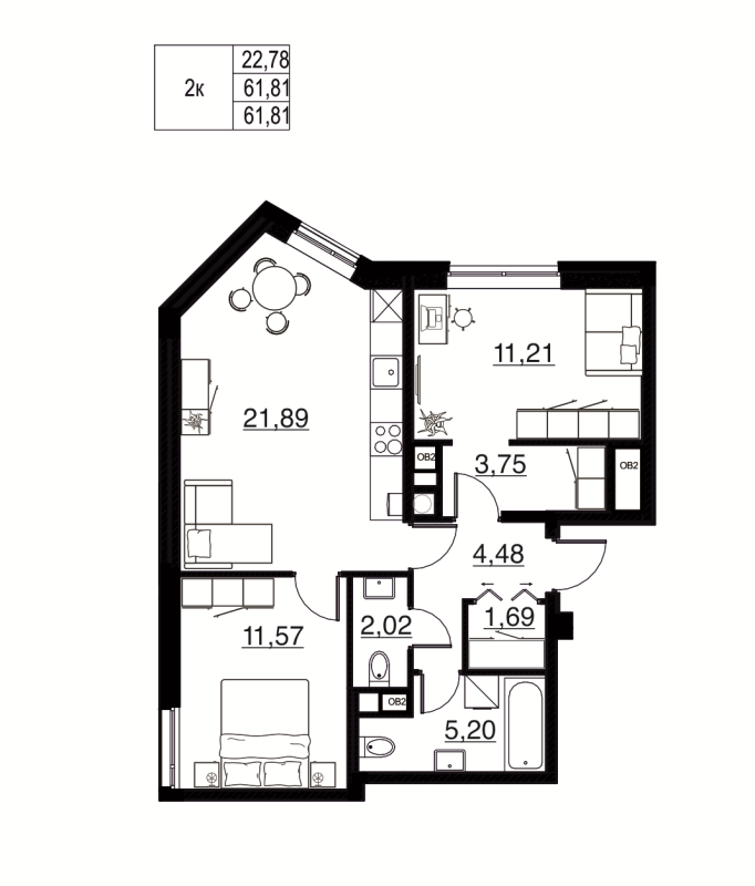 3-комнатная (Евро) квартира, 61.81 м² в ЖК "Соло. Петергоф" - планировка, фото №1