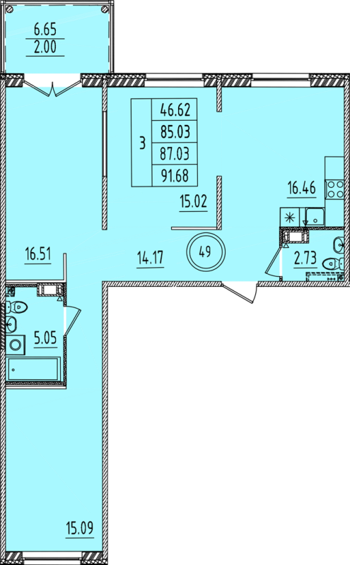 4-комнатная (Евро) квартира, 85.03 м² в ЖК "Образцовый квартал 14" - планировка, фото №1