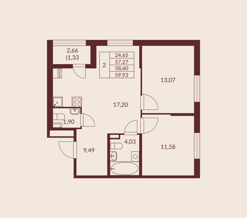 3-комнатная (Евро) квартира, 58.6 м² в ЖК "Амурино" - планировка, фото №1
