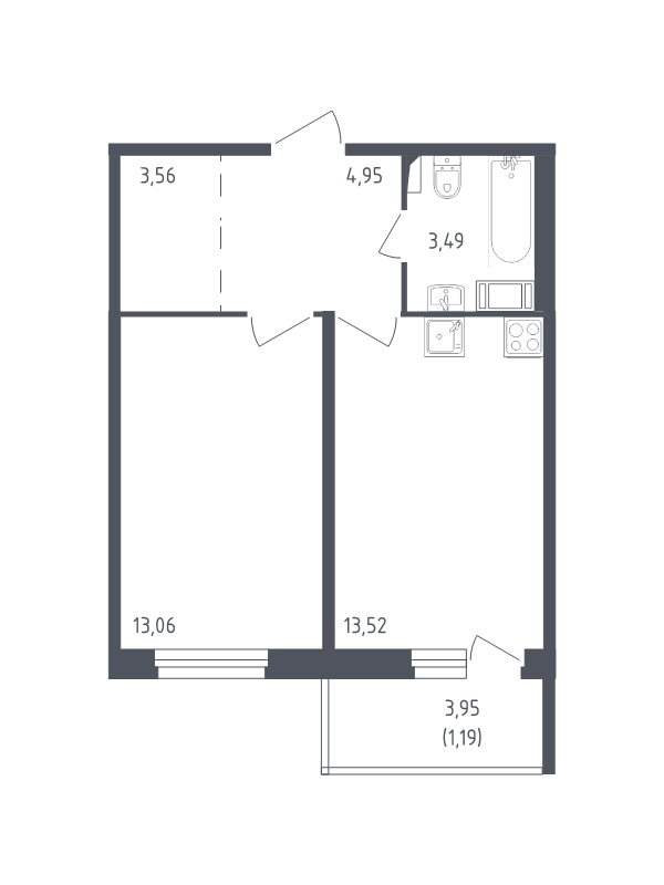 1-комнатная квартира, 39.77 м² - планировка, фото №1