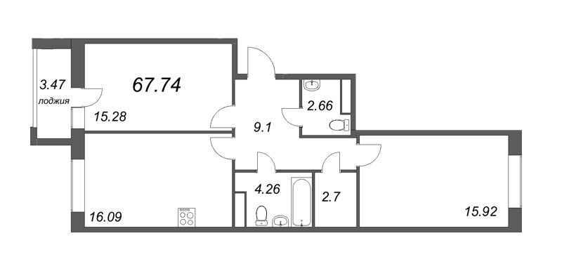 3-комнатная (Евро) квартира, 67.74 м² в ЖК "Modum" - планировка, фото №1