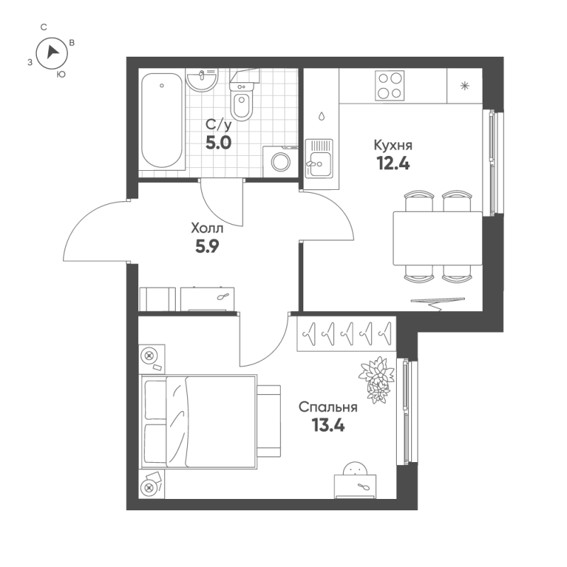 1-комнатная квартира, 36.7 м² - планировка, фото №1