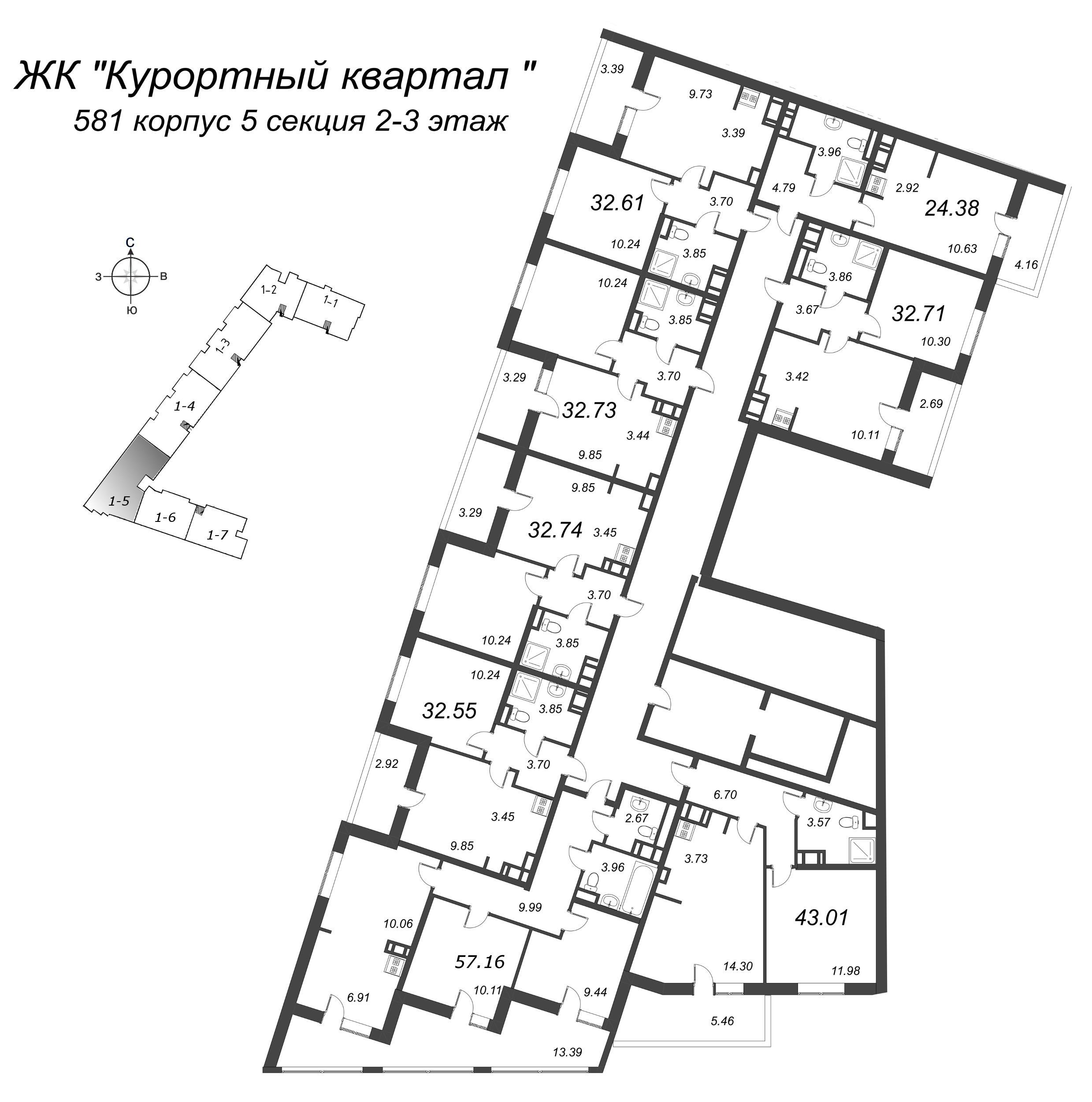 3-комнатная (Евро) квартира, 57.16 м² - планировка этажа
