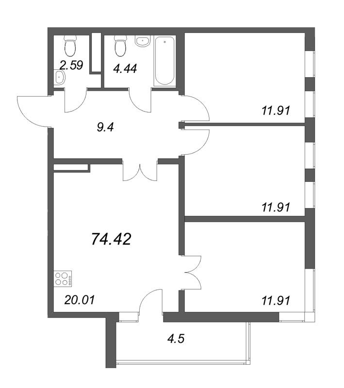 4-комнатная (Евро) квартира, 74.42 м² в ЖК "Новая история" - планировка, фото №1