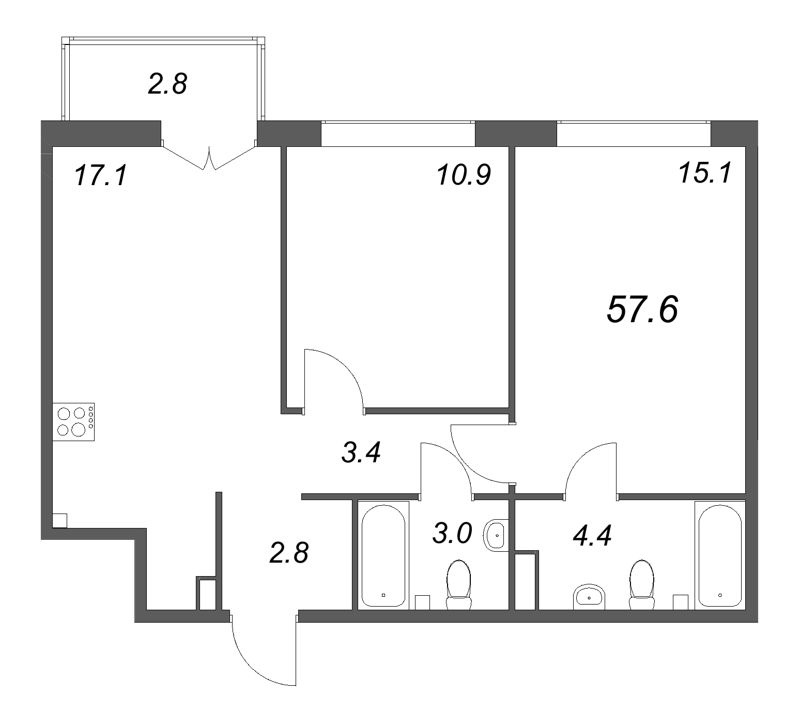 3-комнатная (Евро) квартира, 57.6 м² - планировка, фото №1