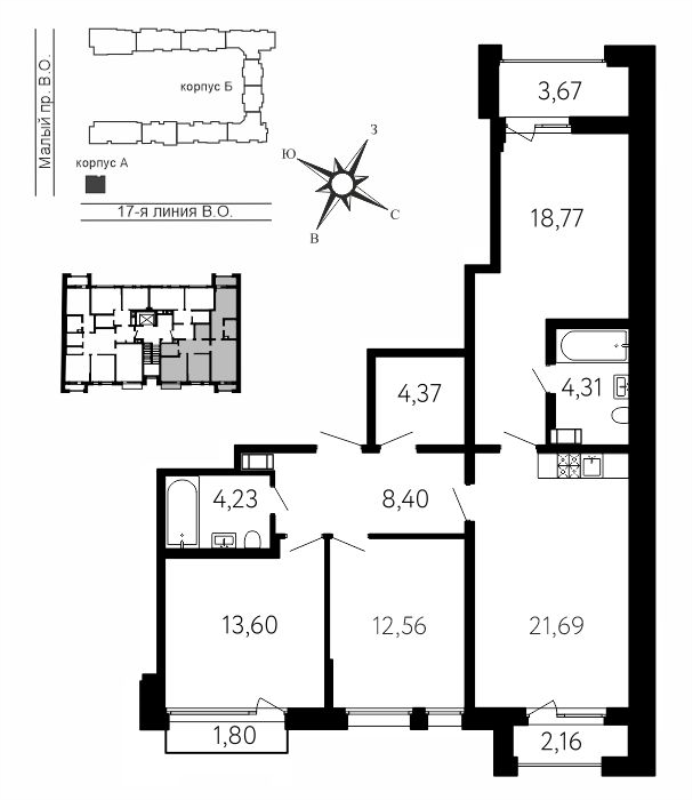 4-комнатная (Евро) квартира, 90.22 м² в ЖК "17-я линия" - планировка, фото №1