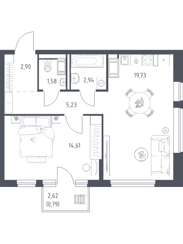 2-комнатная (Евро) квартира, 47.78 м² в ЖК "Новое Колпино" - планировка, фото №1