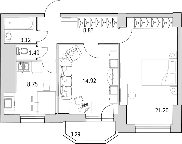 2-комнатная квартира, 60.9 м² - планировка, фото №1