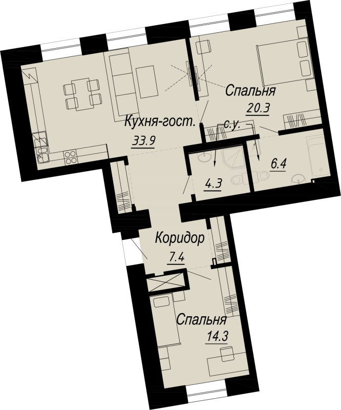 2-комнатная квартира, 86.6 м² - планировка, фото №1