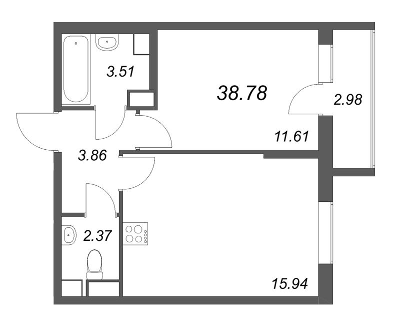 2-комнатная (Евро) квартира, 38.78 м² в ЖК "Кинопарк" - планировка, фото №1