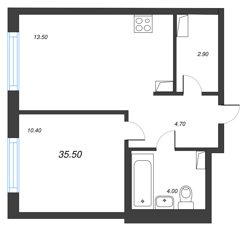 1-комнатная квартира, 35.5 м² в ЖК "Струны" - планировка, фото №1