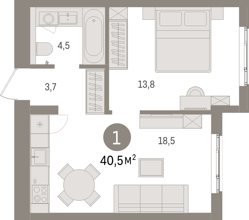 2-комнатная (Евро) квартира, 40.5 м² - планировка, фото №1