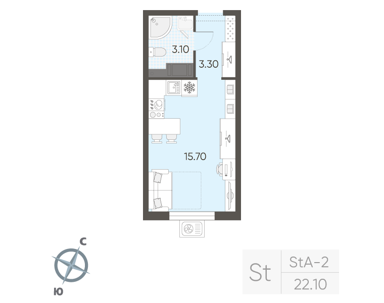 Квартира-студия, 22.1 м² в ЖК "Ручьи" - планировка, фото №1