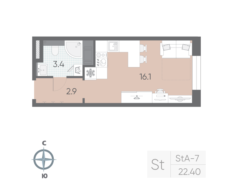Квартира-студия, 22.4 м² в ЖК "Большая Охта" - планировка, фото №1