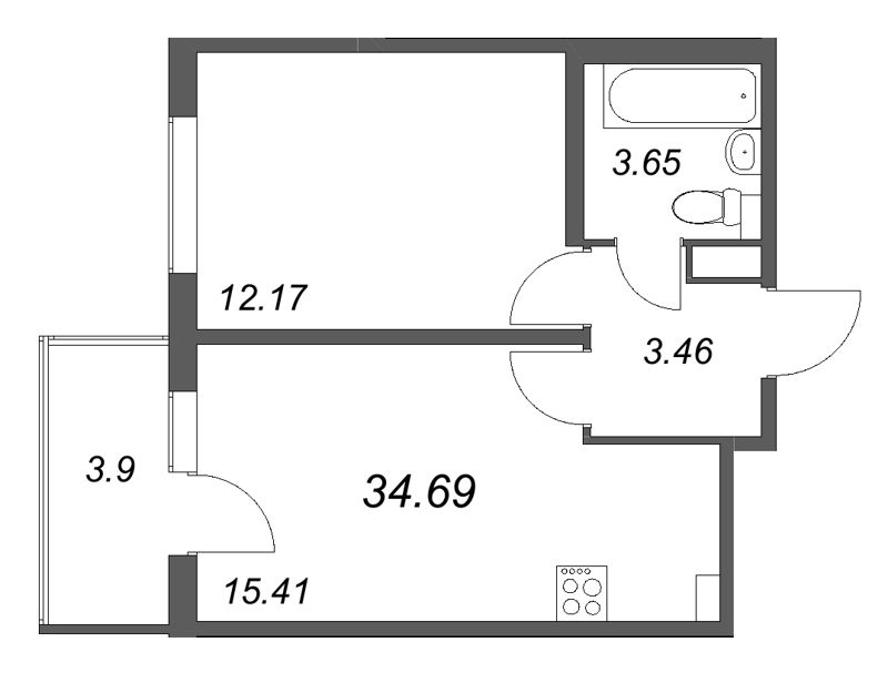 2-комнатная (Евро) квартира, 34.69 м² в ЖК "Любоград" - планировка, фото №1