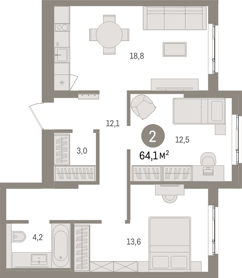 3-комнатная (Евро) квартира, 64.1 м² в ЖК "Брусника в Новоселье" - планировка, фото №1