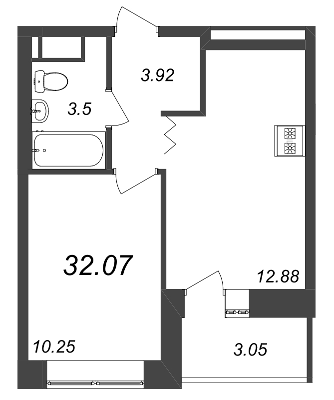 1-комнатная квартира, 32.07 м² - планировка, фото №1