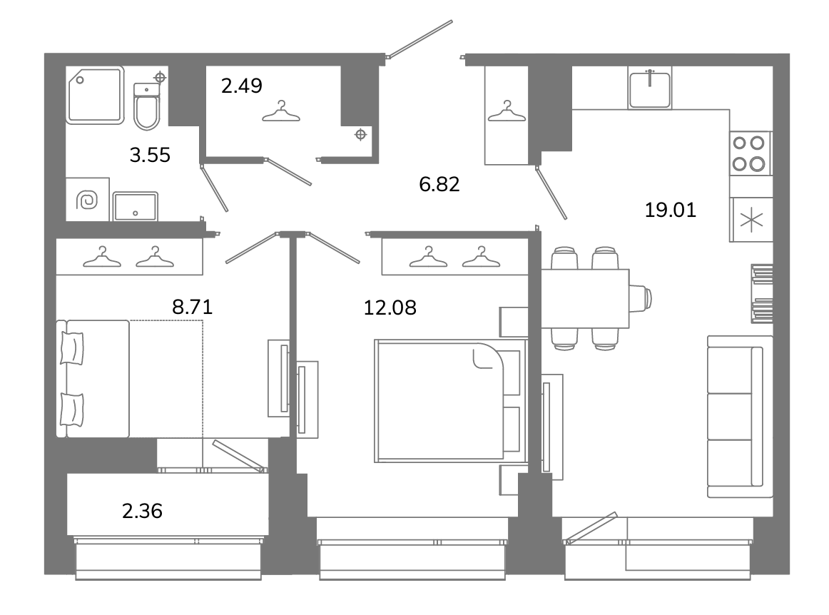 3-комнатная (Евро) квартира, 53.84 м² в ЖК "Твой космос" - планировка, фото №1