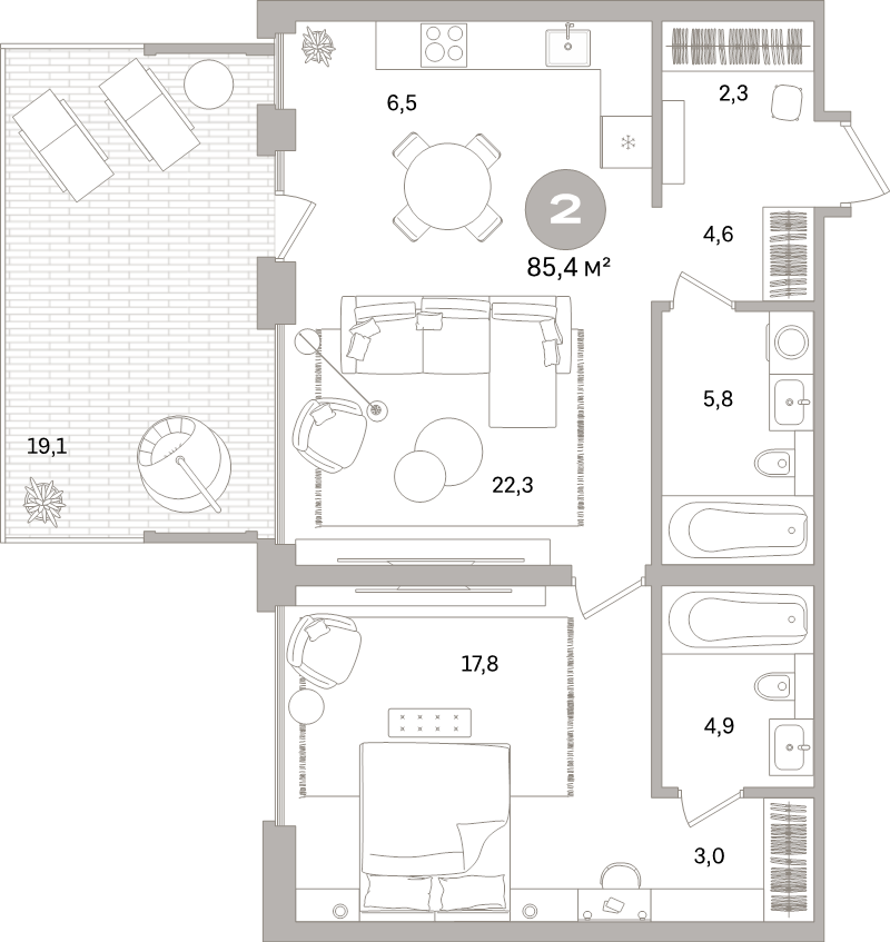 2-комнатная (Евро) квартира, 85.9 м² - планировка, фото №1