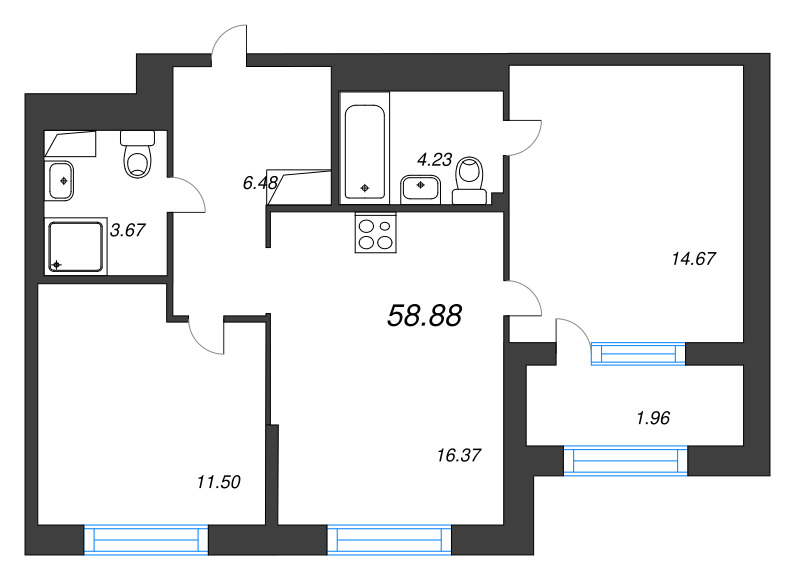 3-комнатная (Евро) квартира, 58.88 м² в ЖК "ORO by Akvilon" - планировка, фото №1