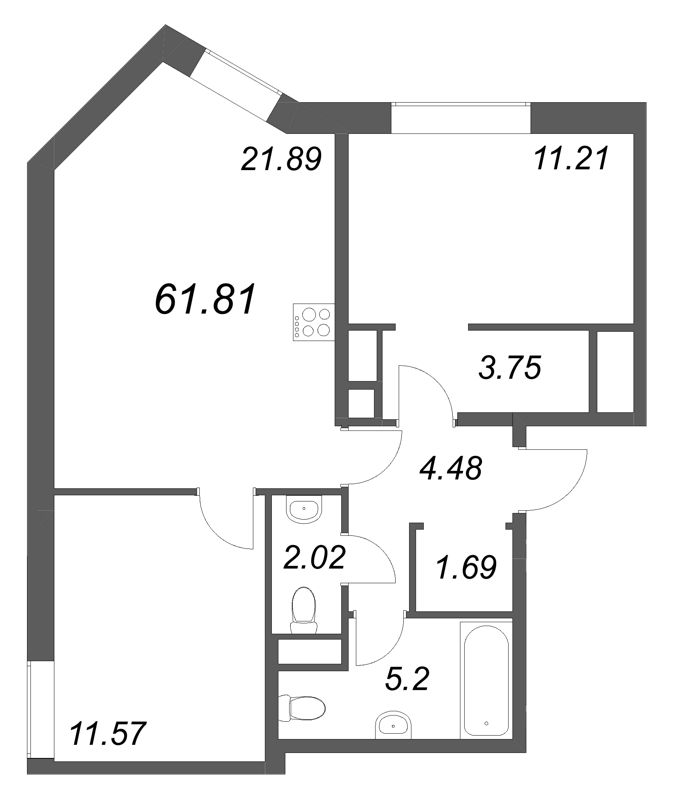 3-комнатная (Евро) квартира, 61.81 м² в ЖК "Соло. Петергоф" - планировка, фото №1