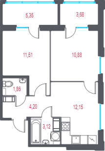 2-комнатная квартира, 46.43 м² в ЖК "Город-спутник Южный" - планировка, фото №1