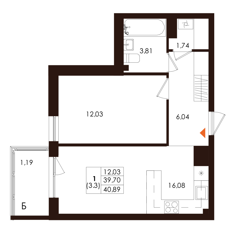 2-комнатная (Евро) квартира, 40.89 м² в ЖК "Лисино" - планировка, фото №1