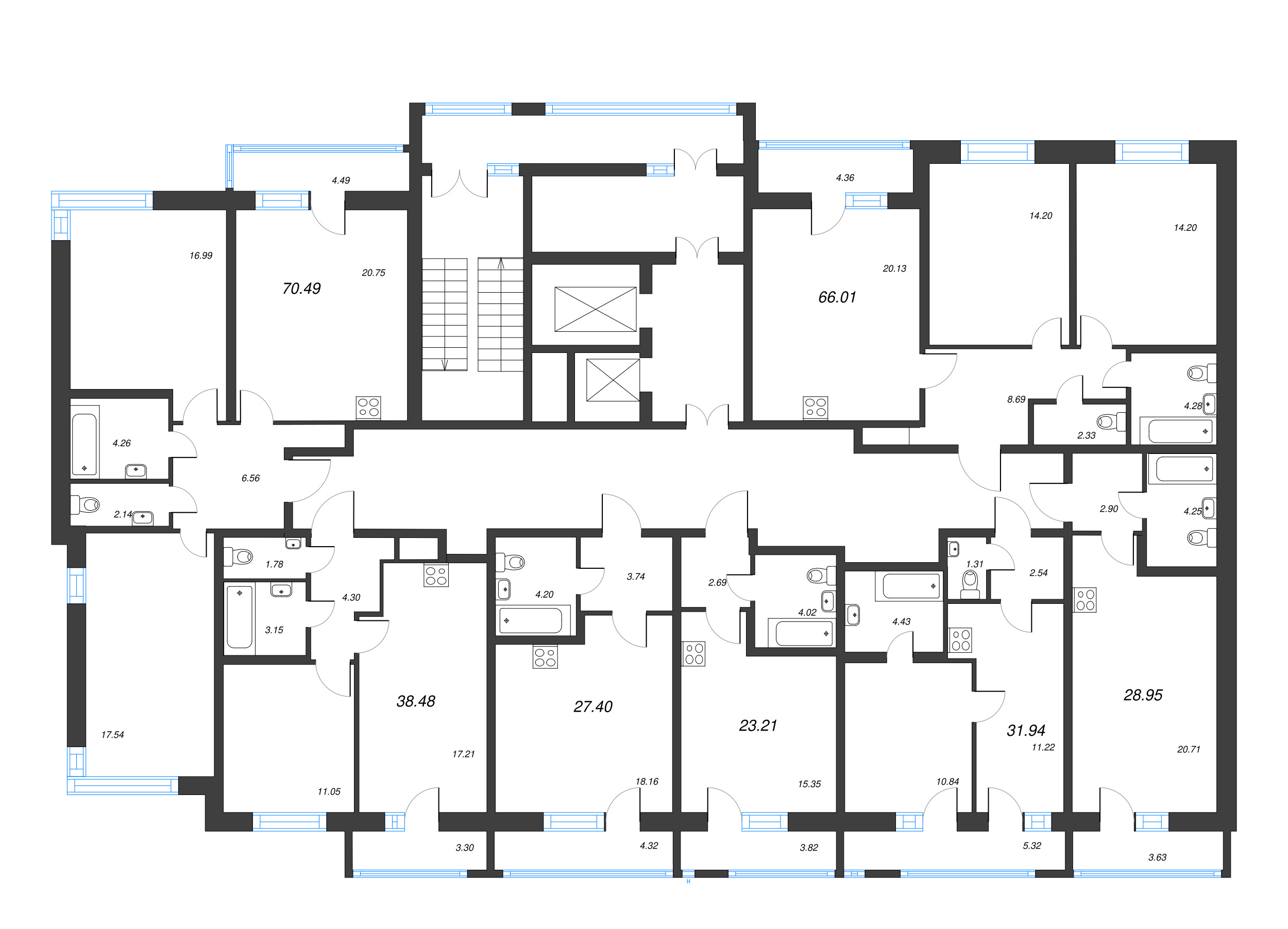 3-комнатная (Евро) квартира, 66.01 м² - планировка этажа