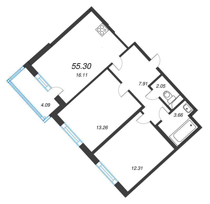 3-комнатная (Евро) квартира, 55.3 м² в ЖК "ЮгТаун" - планировка, фото №1