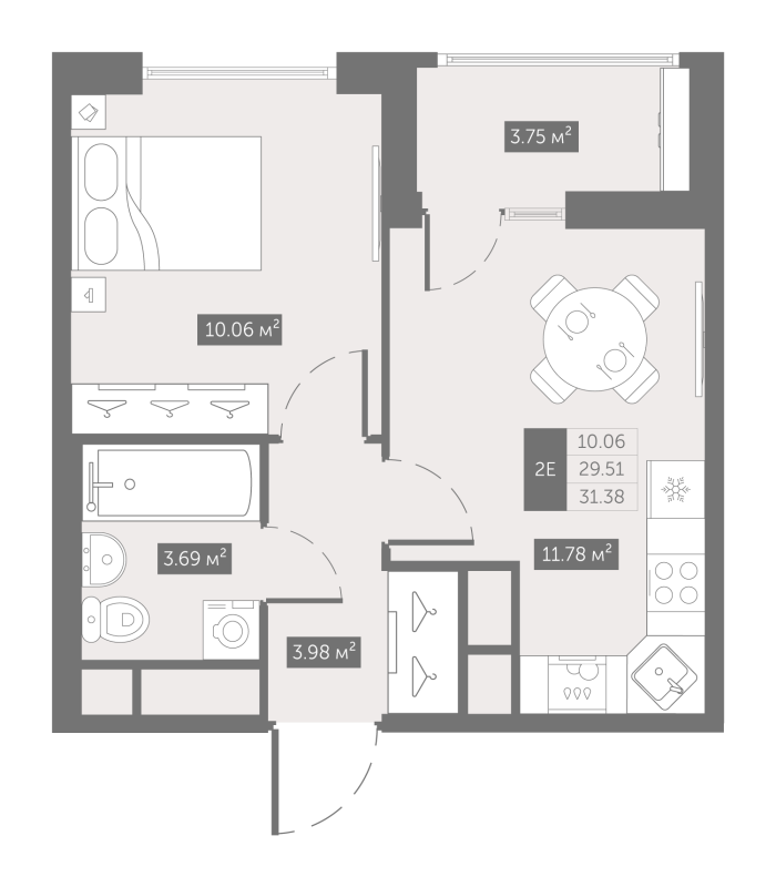 1-комнатная квартира, 31.38 м² в ЖК "UP-квартал Новый Московский" - планировка, фото №1