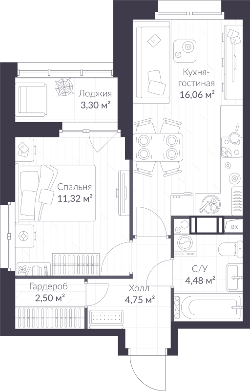 2-комнатная (Евро) квартира, 40.76 м² в ЖК "ВЕРЕН НОРТ сертолово" - планировка, фото №1