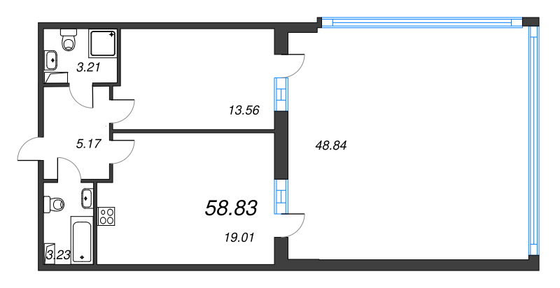 2-комнатная (Евро) квартира, 58.83 м² в ЖК "Энфилд" - планировка, фото №1