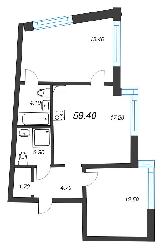 3-комнатная (Евро) квартира, 59.4 м² в ЖК "Цвет Зеленогорска" - планировка, фото №1