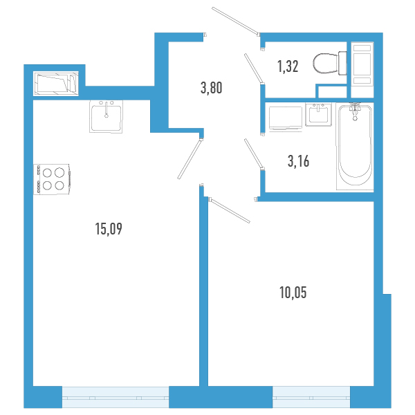 2-комнатная (Евро) квартира, 33.42 м² в ЖК "AEROCITY" - планировка, фото №1