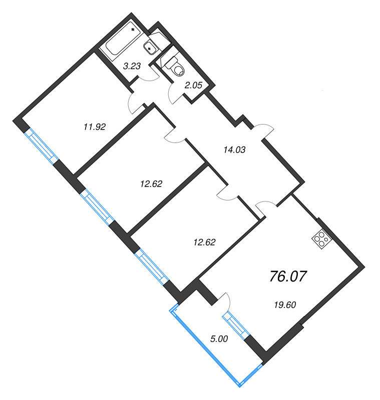 4-комнатная (Евро) квартира, 76.07 м² в ЖК "ЮгТаун" - планировка, фото №1