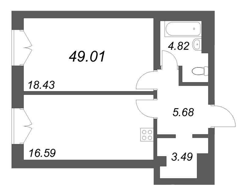 2-комнатная (Евро) квартира, 49.01 м² в ЖК "Фонтанка 130" - планировка, фото №1