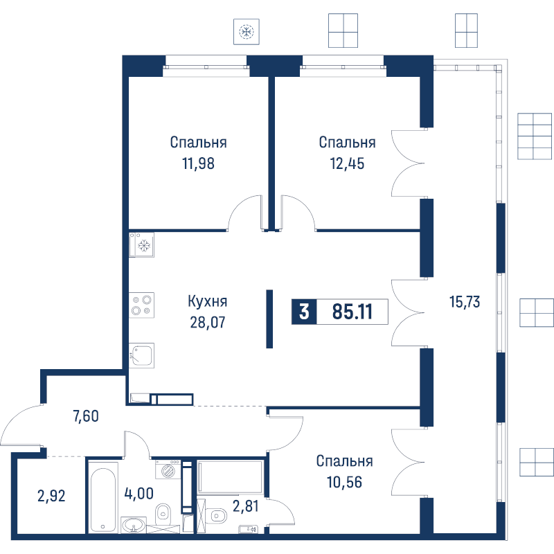 4-комнатная (Евро) квартира, 85.11 м² в ЖК "Символист" - планировка, фото №1