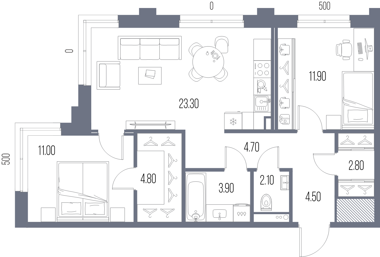 3-комнатная (Евро) квартира, 69 м² в ЖК "Легенда на Охте" - планировка, фото №1