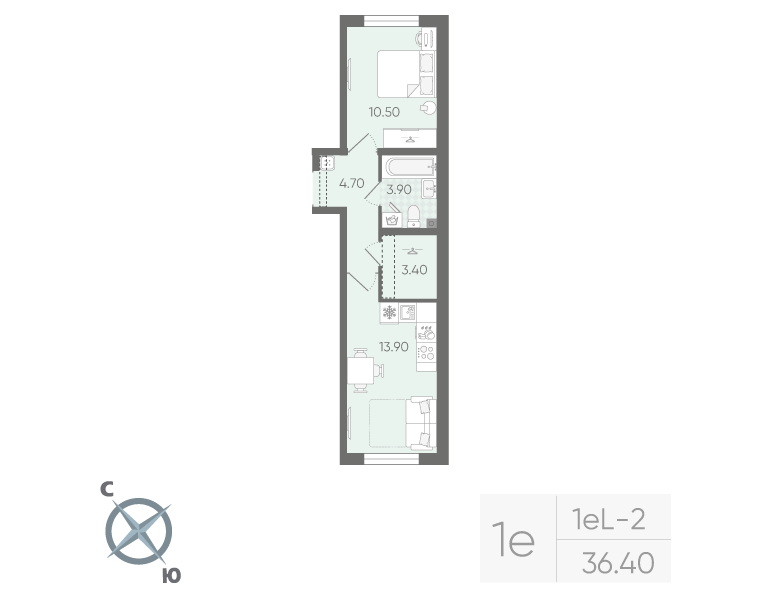 1-комнатная квартира, 36.4 м² в ЖК "Ручьи" - планировка, фото №1