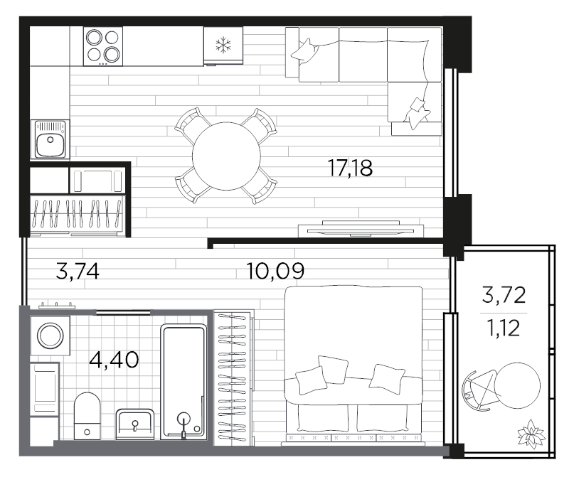 2-комнатная (Евро) квартира, 36.53 м² в ЖК "PLUS Пулковский" - планировка, фото №1