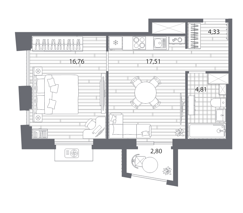 2-комнатная (Евро) квартира, 44.25 м² - планировка, фото №1