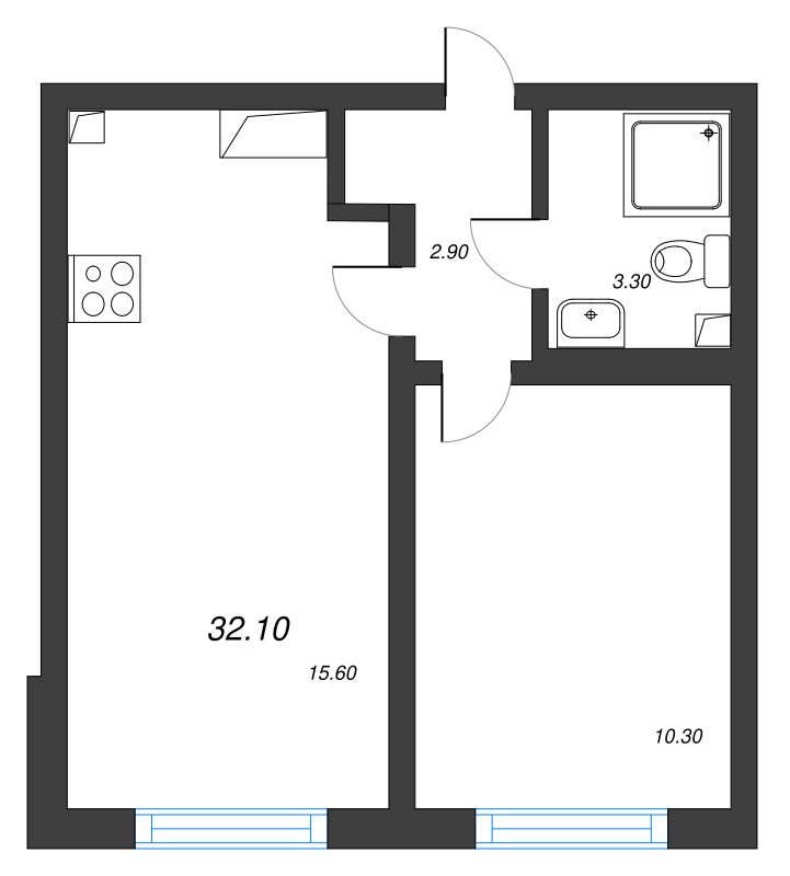 2-комнатная (Евро) квартира, 32.1 м² в ЖК "Ручьи" - планировка, фото №1