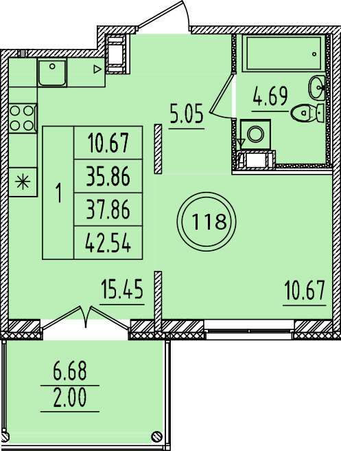 2-комнатная (Евро) квартира, 35.86 м² - планировка, фото №1