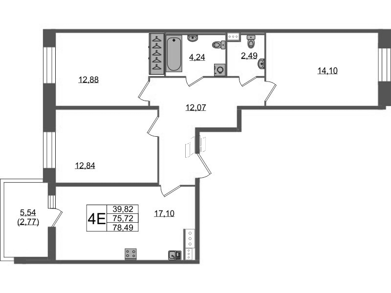 4-комнатная (Евро) квартира, 78.49 м² - планировка, фото №1