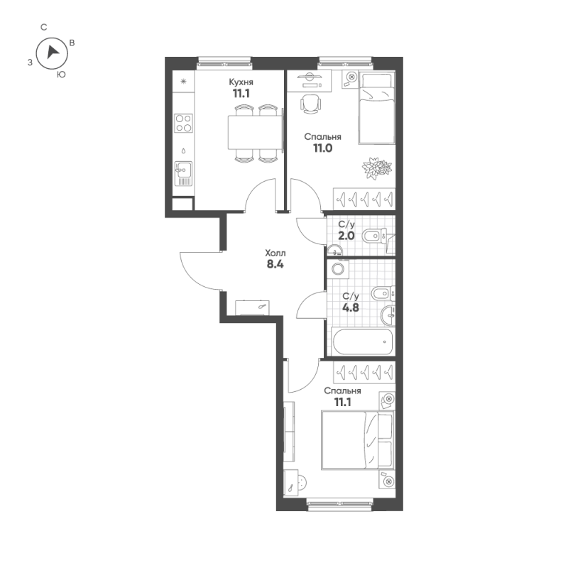 2-комнатная квартира, 48.4 м² в ЖК "Клюква.Парк" - планировка, фото №1