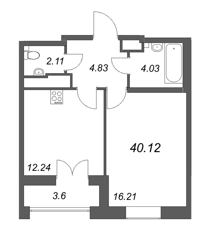 1-комнатная квартира, 40.12 м² - планировка, фото №1