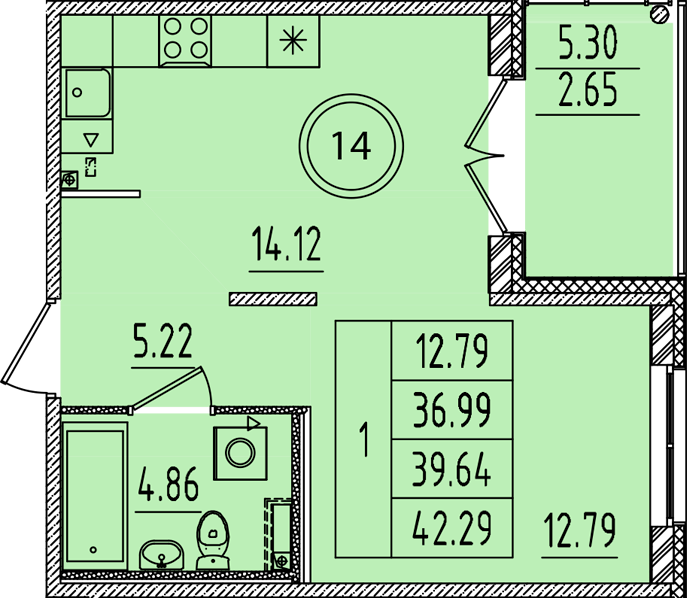 1-комнатная квартира, 36.99 м² в ЖК "Образцовый квартал 14" - планировка, фото №1