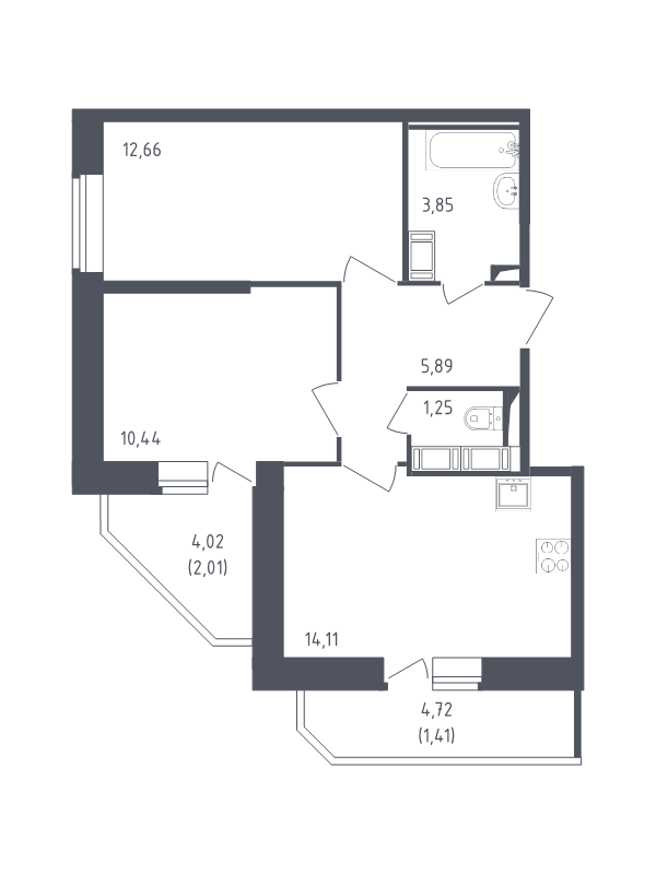 2-комнатная квартира, 51.62 м² - планировка, фото №1